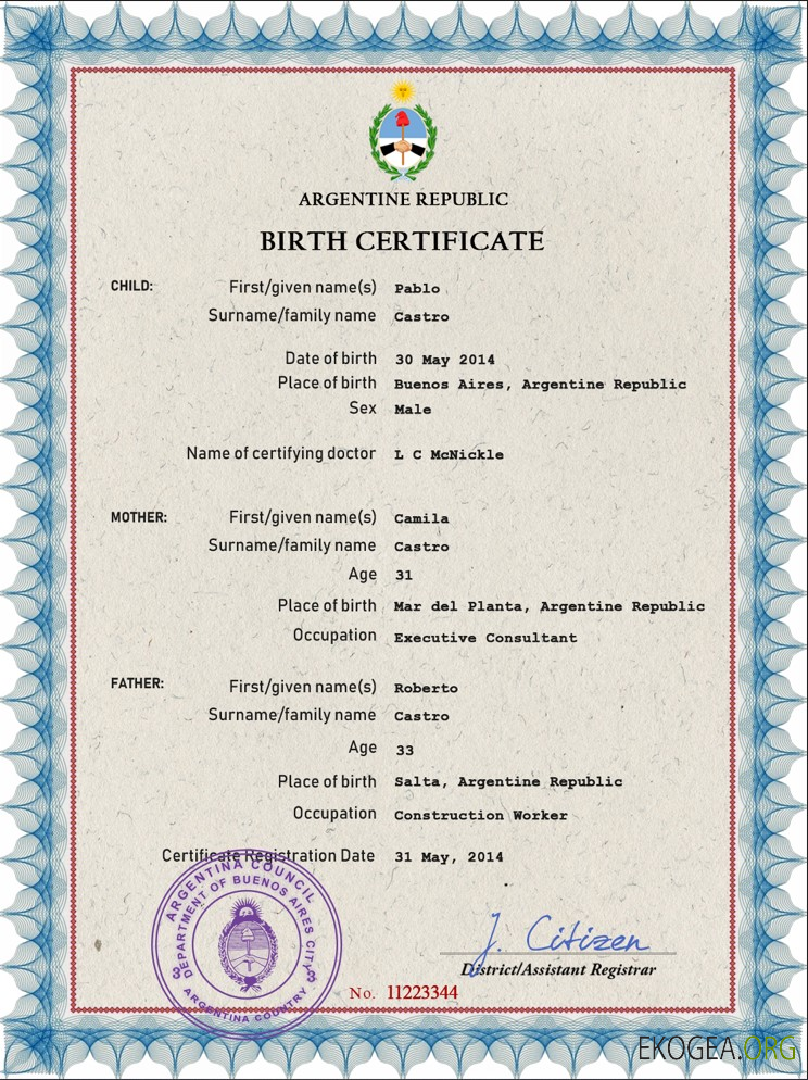 Modèle PSD de certificat de naissance de l'état civil de l'Argentine